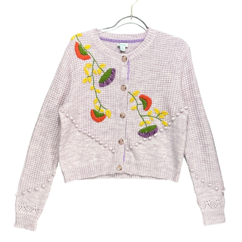 Sundance Lavender Floral Embroidered Bobble Knit Cardigan Sweater Purple Medium